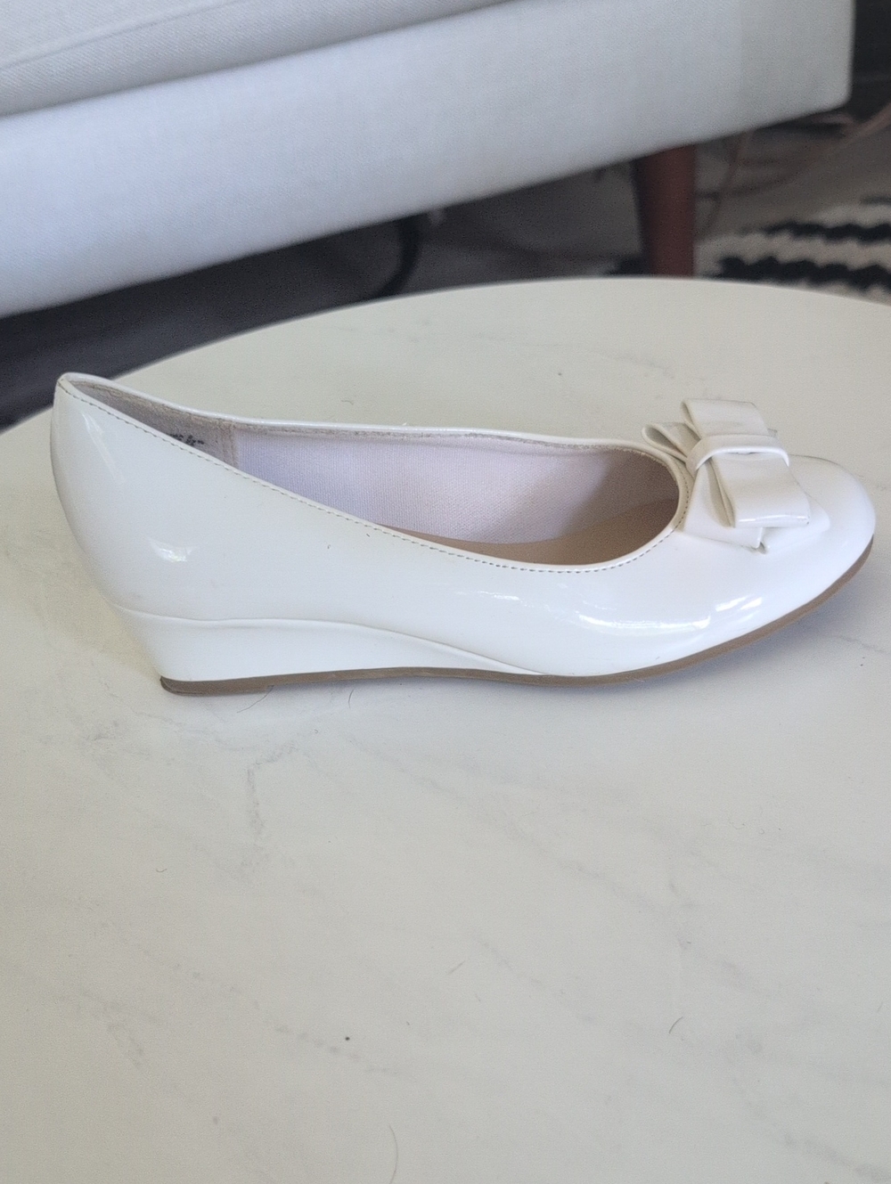 Kids White Patent Bow Wedge Flats - Classic Comfort
